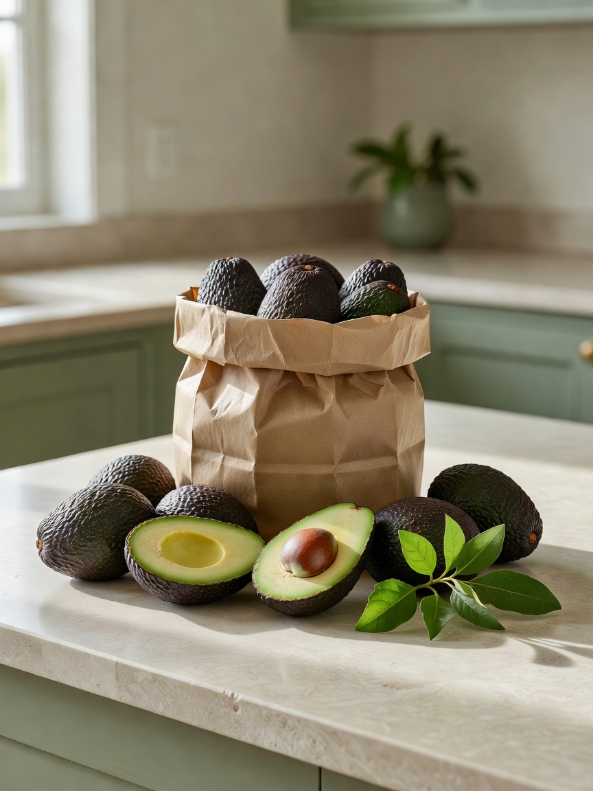 Bolsa de papel kraft llena de paltas Hass sobre un mesón de cocina, con una palta partida al lado